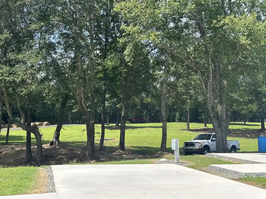 Wide lawn and mature trees beside a concrete pad and its utility pedestal